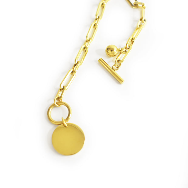 Manhattan 18K Gold Paperclip Chain Bracelet with Disc Charm