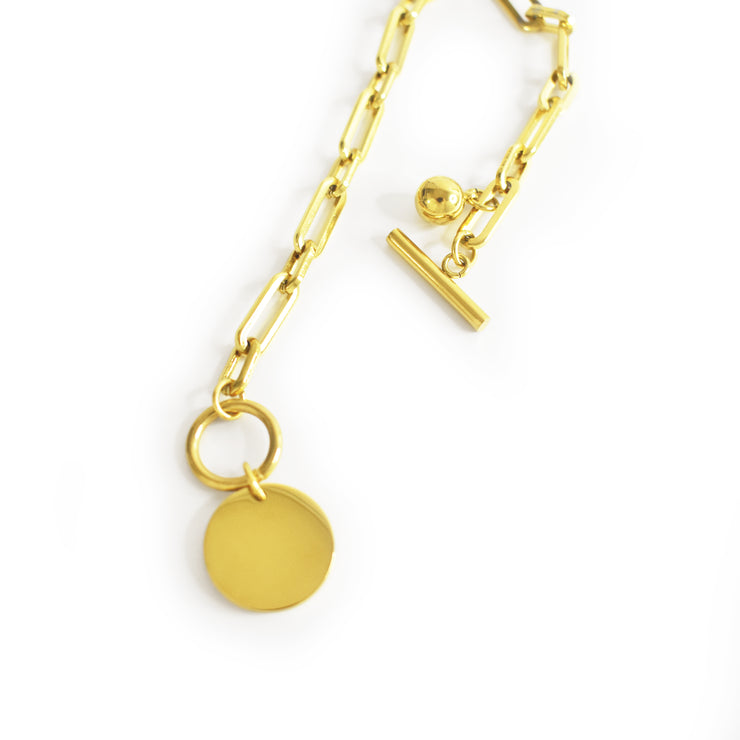 Manhattan 18K Gold Paperclip Chain Bracelet with Disc Charm
