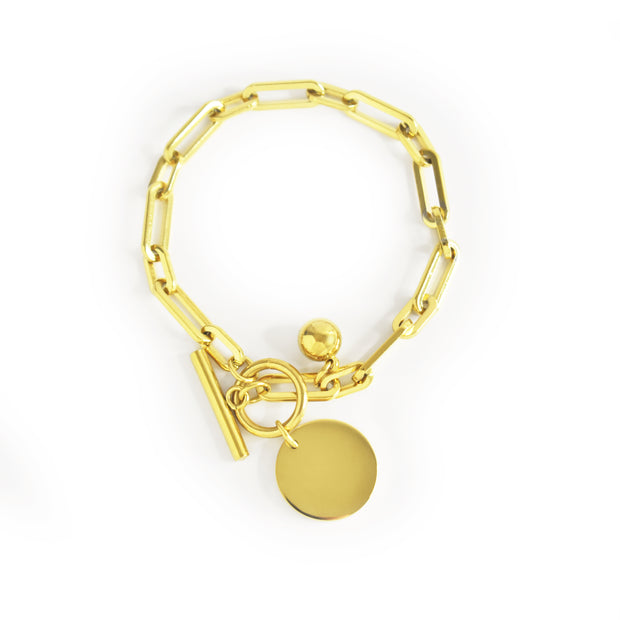 Manhattan 18K Gold Paperclip Chain Bracelet with Disc Charm